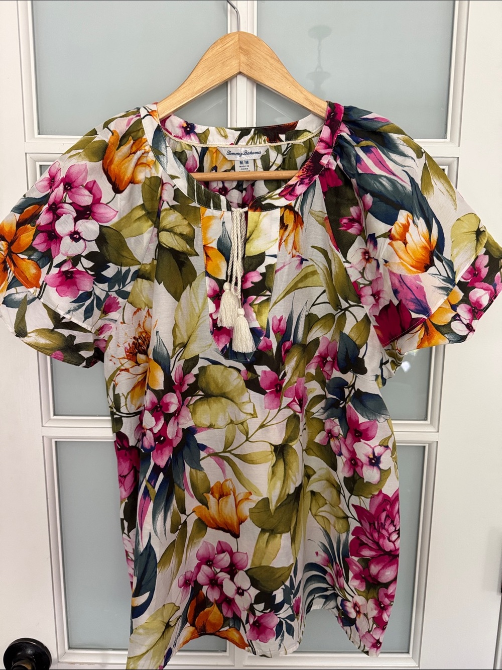 Tommy Bahama Pink, Green & Yellow Floral Tassel-Front Short Sleeve Top